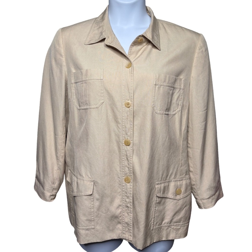 TALBOTS Womens‎ Beige 100% Silk Safari Utility Jacket Est Sz 12P Quiet Luxury